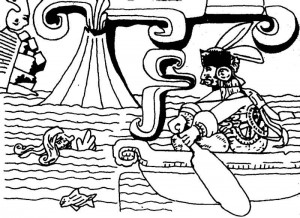 Maya-Flachrelief-Darstellung-eines-Fluthelden-inmitten-der-Szenerie-einer-Überschwemmungskatastrophe-mit-speiendem-Vulkan-und-berstendem-Gebäude
