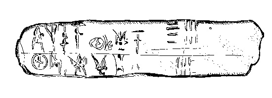 Eine auf Kreta entdeckte Tafel mit Linear B-Schrift und dem Symbol des Trelleborg-Quadranten (unten links)